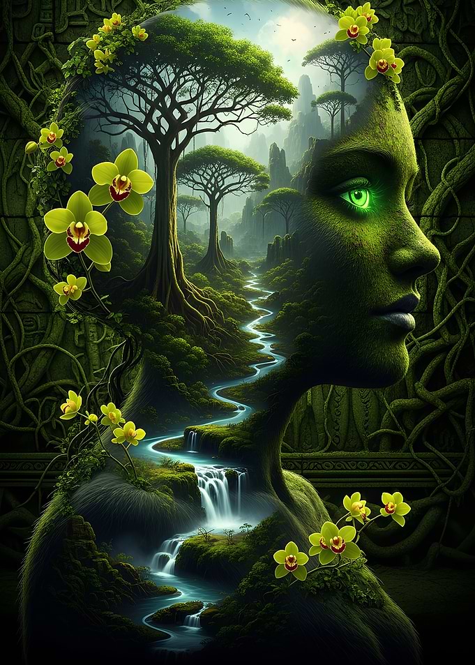 Nature Spirit Woman with Waterfall Landscape