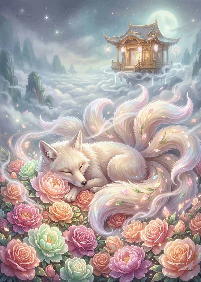 Sleeping Nine-Tailed Fox in Flowers