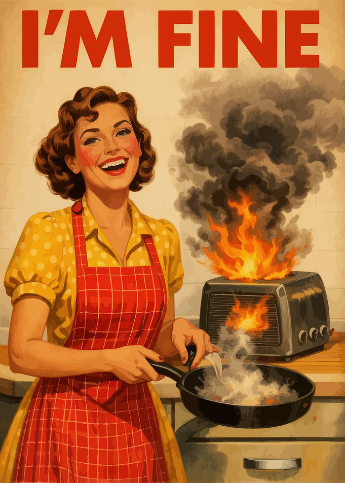 Retro Woman 'I'm Fine' with Burning Toaster