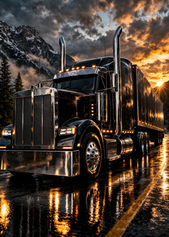 Black Semi-Truck on Wet Road at Sunset