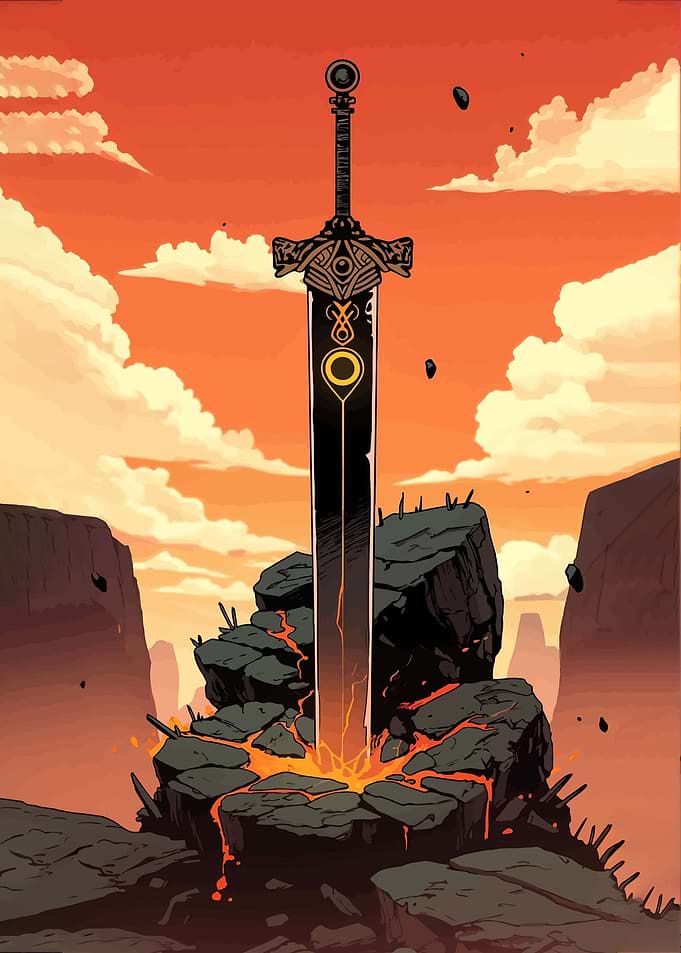 Epic Sword in Fiery Landscape