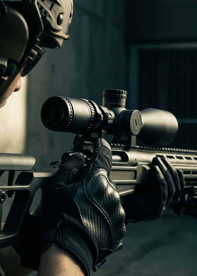 Soldier aiming sniper rifle scope