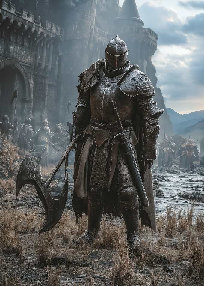 Knight with Axe Before Castle