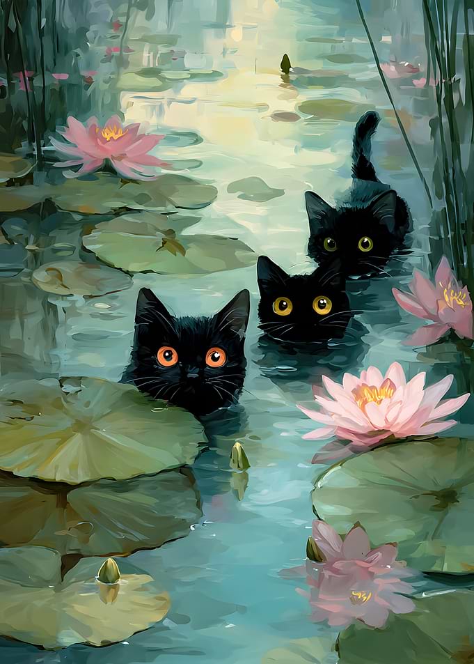 Three Black Kittens in a Pond