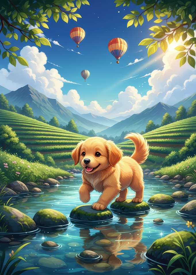 Golden Retriever Puppy Crossing a Stream