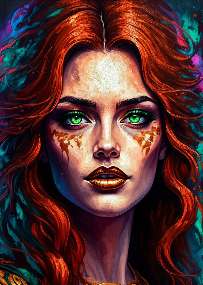 Fantasy Woman with Fiery Hair and Green Eyes