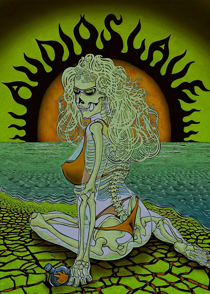 Skeleton Woman on Beach with Bottle