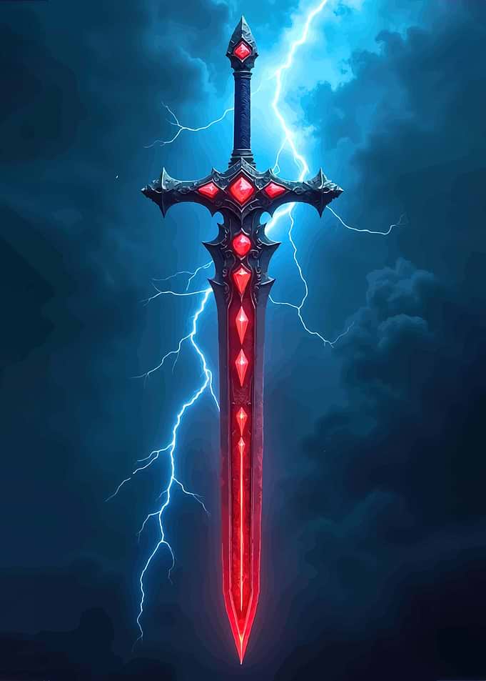 Fantasy Sword with Red Gems and Lightning
