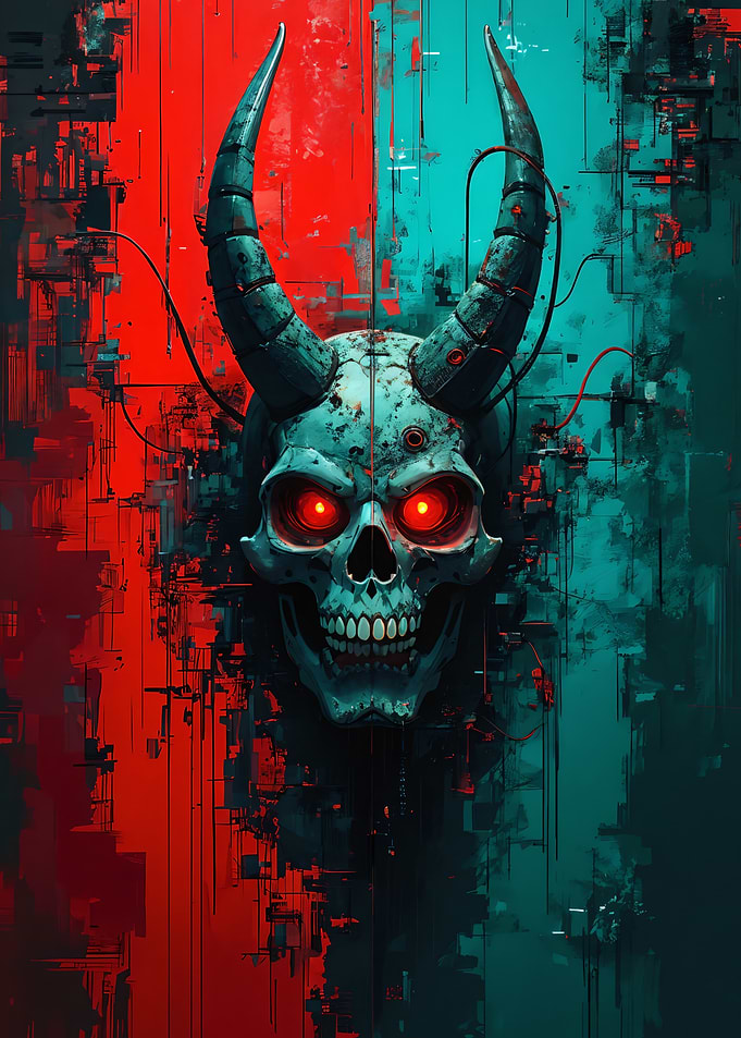 Cyberpunk Demon Skull with Red and Teal Background