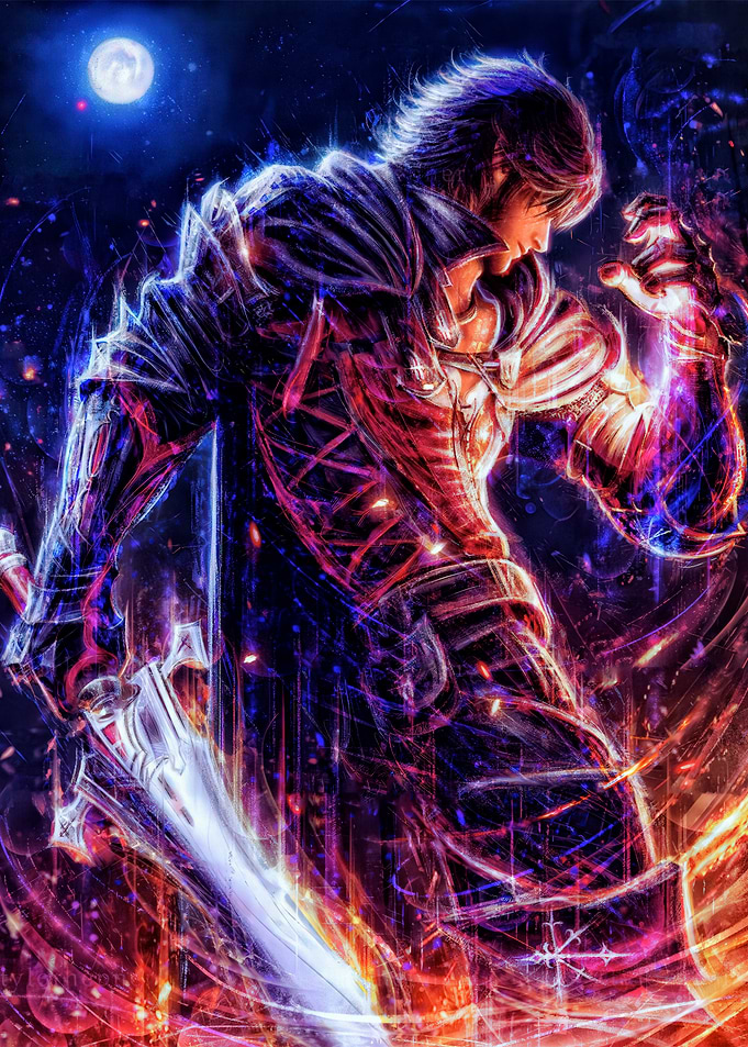 Warrior with glowing sword and armor