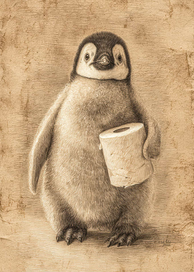 Penguin holding toilet paper