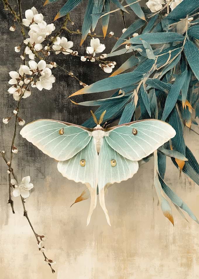 Luna Moth with Cherry Blossoms and Bamboo