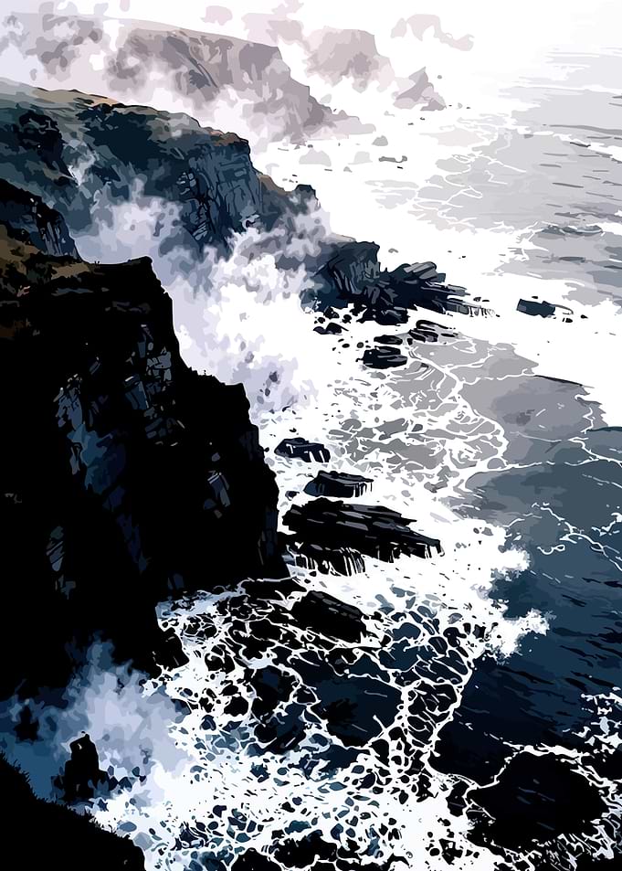 Crashing Waves on Rocky Coastline