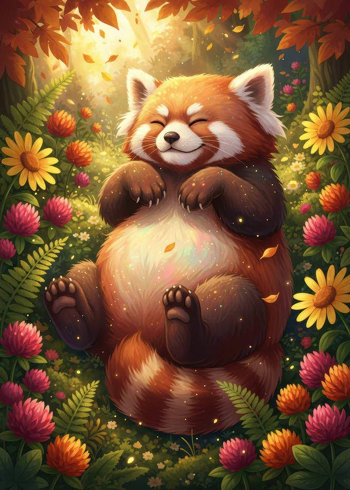 Cute Red Panda in a Flower Field