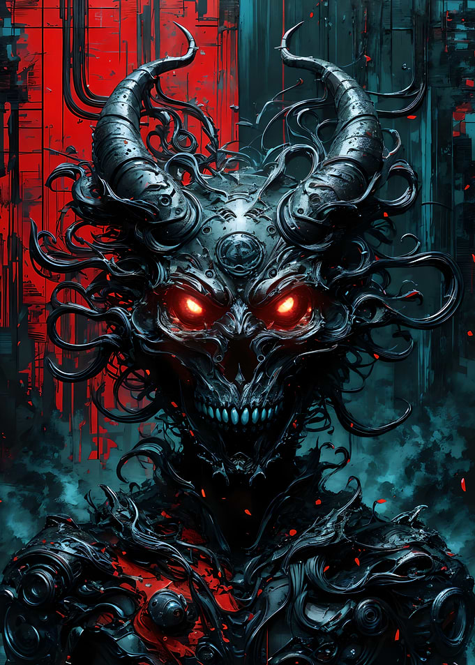 Demonic Cyberpunk Creature with Red Eyes