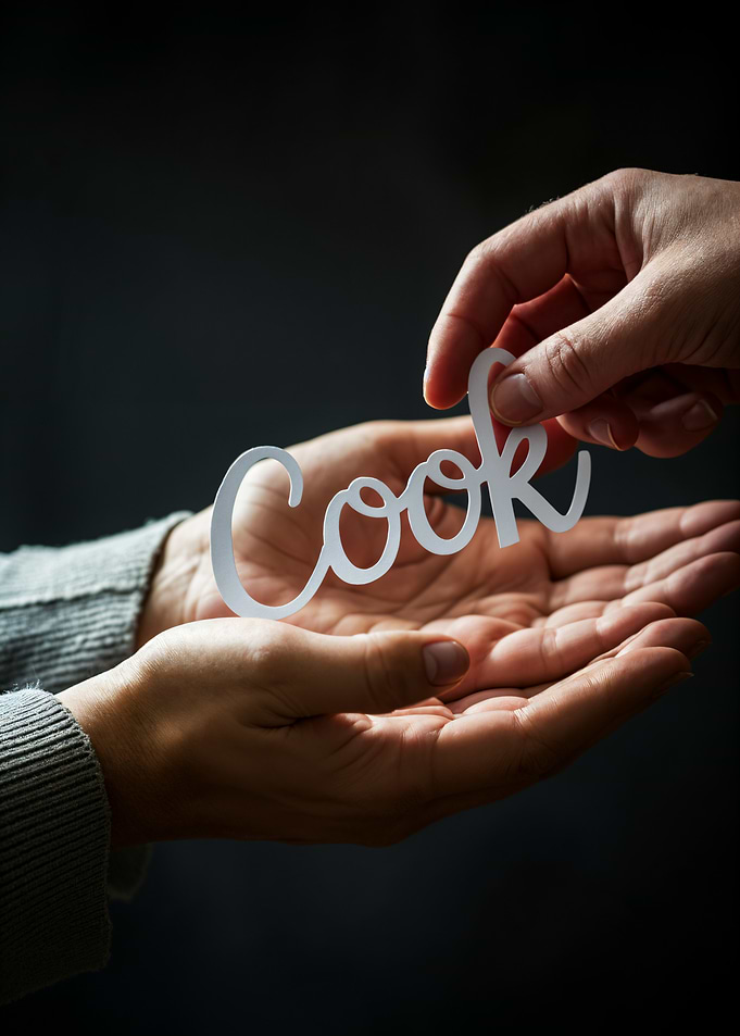 Hands holding the word Cook