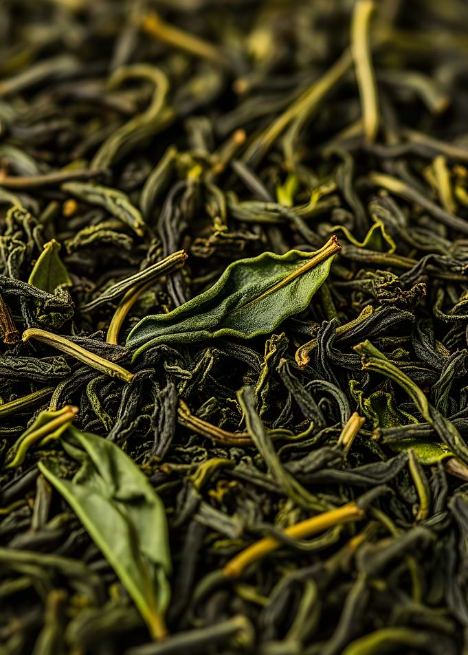 Close-up of Dried Green Tea Leaves