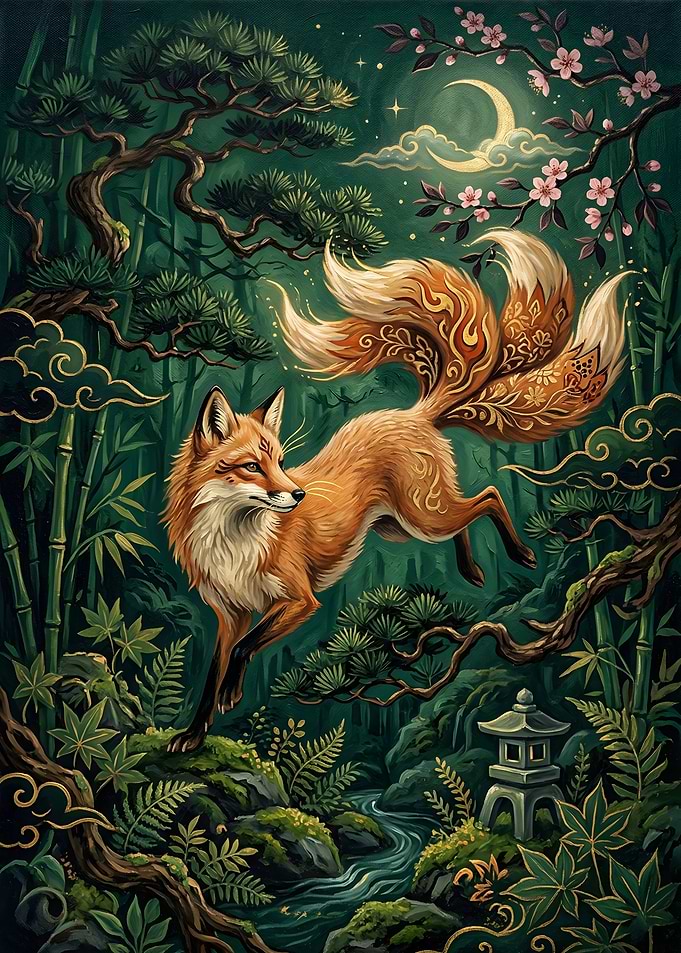 Mythical Fox in Moonlit Bamboo Forest