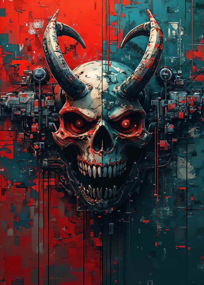 Cyberpunk Demon Skull with Horns