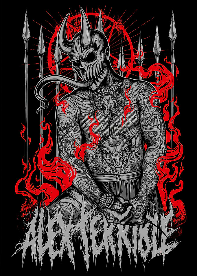 Demonic Figure with Tattoos and Microphone