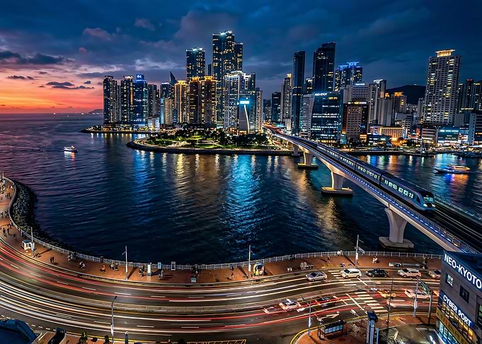 Busan Cityscape at Dusk with Train