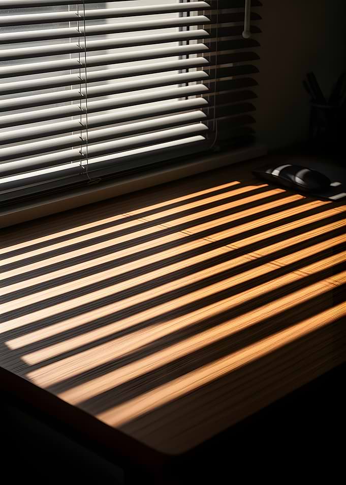 Sunlight through blinds on a desk