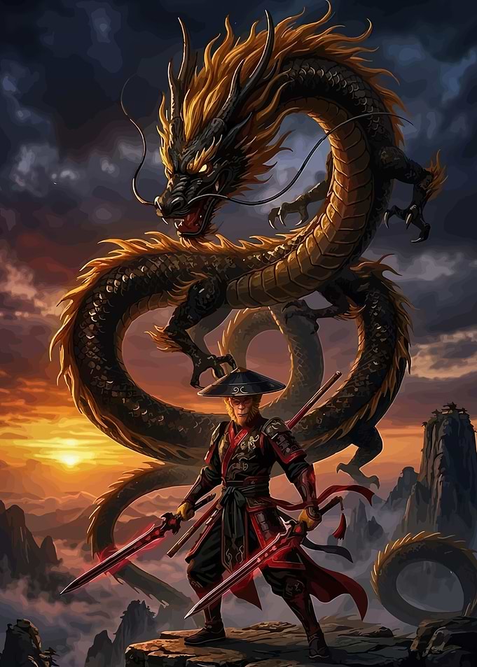 Warrior and Dragon at Sunset