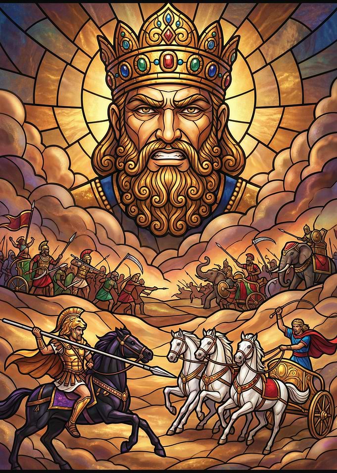 Ancient Battle Scene with King and Chariots