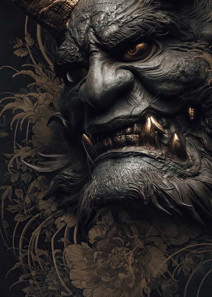 Demonic Oni Mask with Floral Background