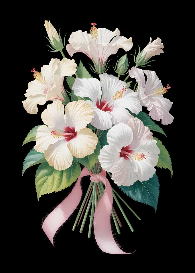 White Hibiscus Bouquet with Pink Ribbon