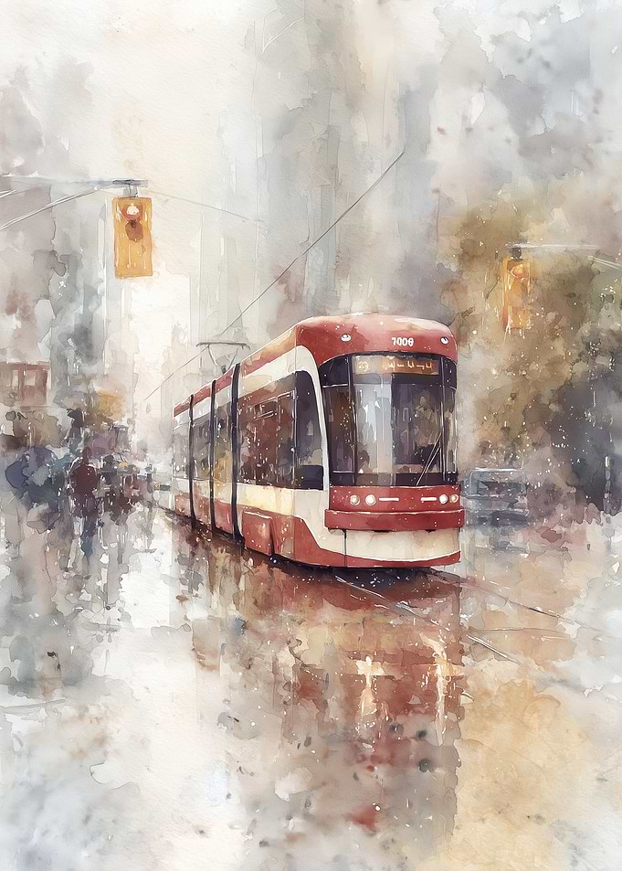 Red and White Tram in Rainy City