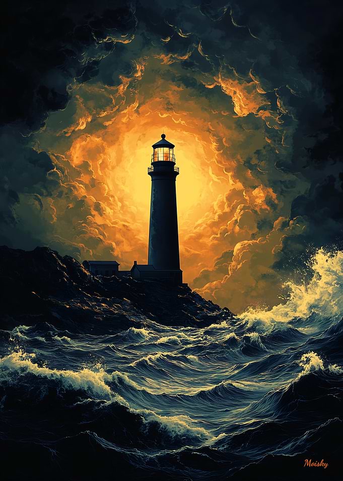 Storm Lighthouse Beacon – Dramatic Ocean Waves and Guiding Light