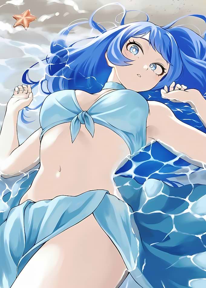 Anime Girl in Blue Bikini by the Water