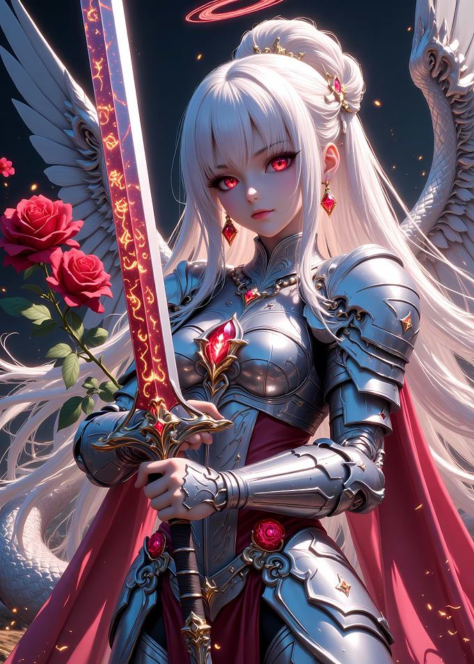 Anime Angel Warrior with Sword and Roses
