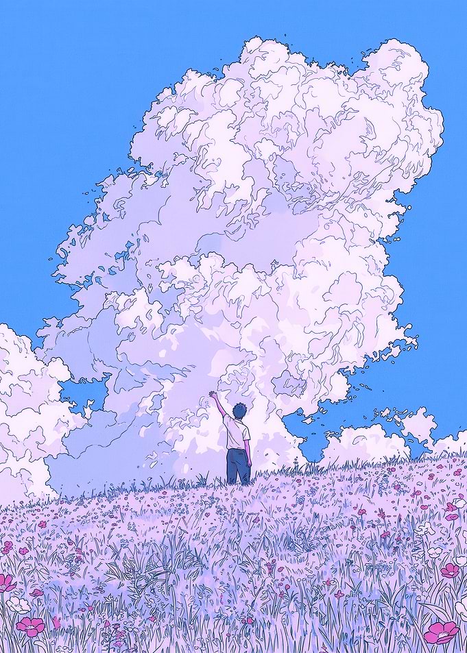 Boy Reaching for Clouds in a Field