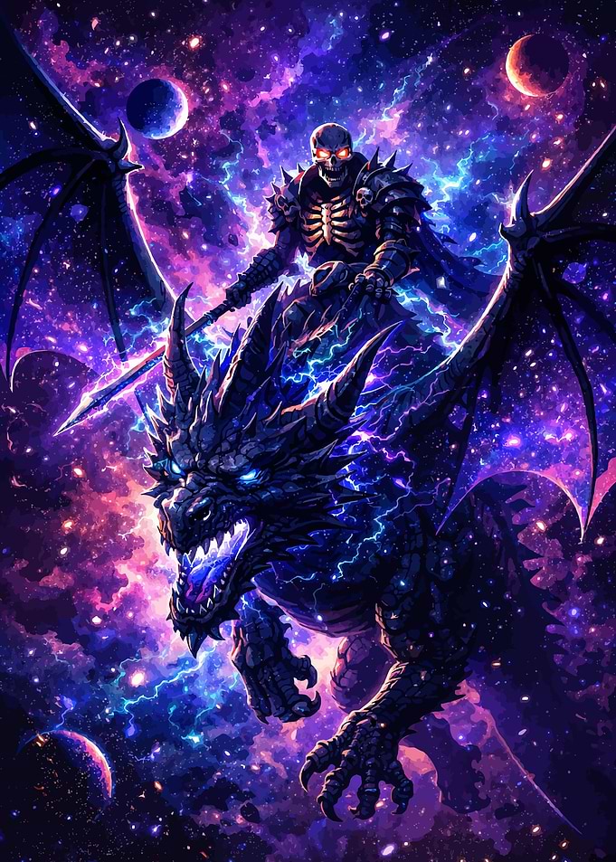Skeleton Rider on a Dragon in Space