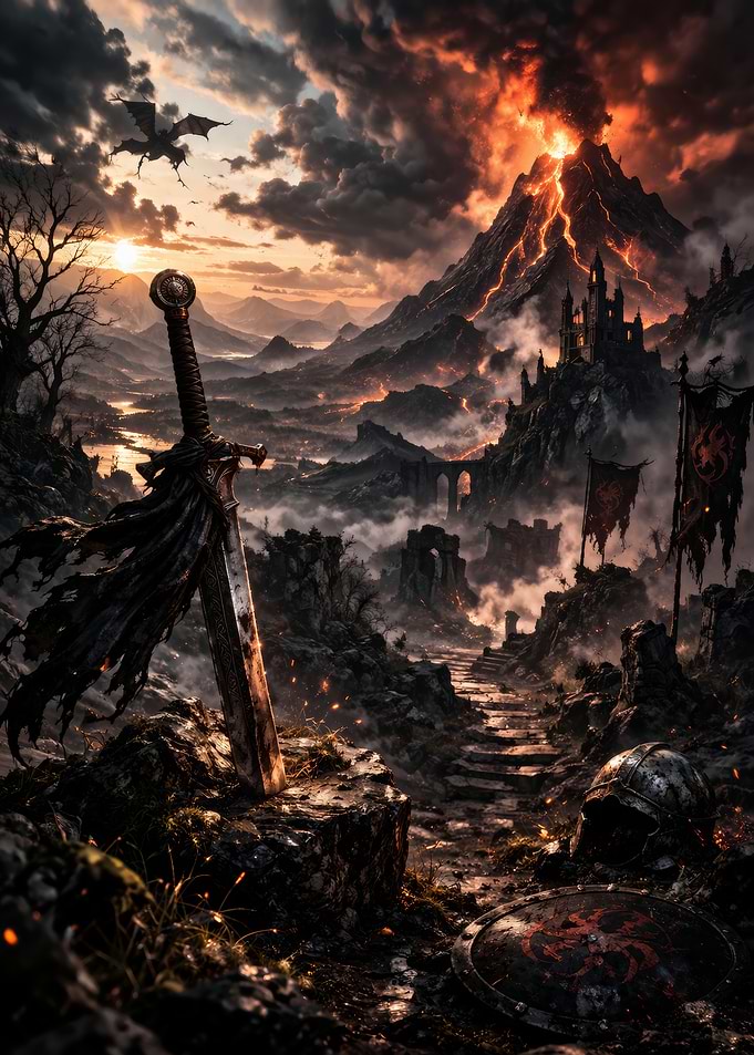 Epic Fantasy Landscape with Volcano and Sword