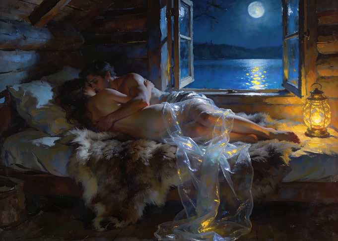 Romantic couple in a moonlit cabin
