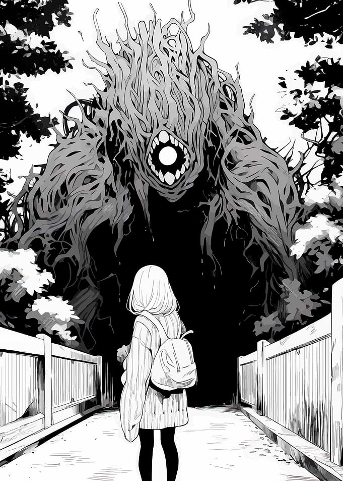 Girl faces a monstrous tree creature