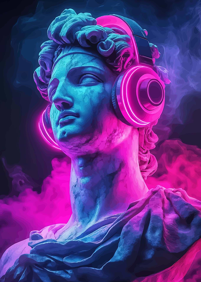 Statue with Neon Headphones and Smoke