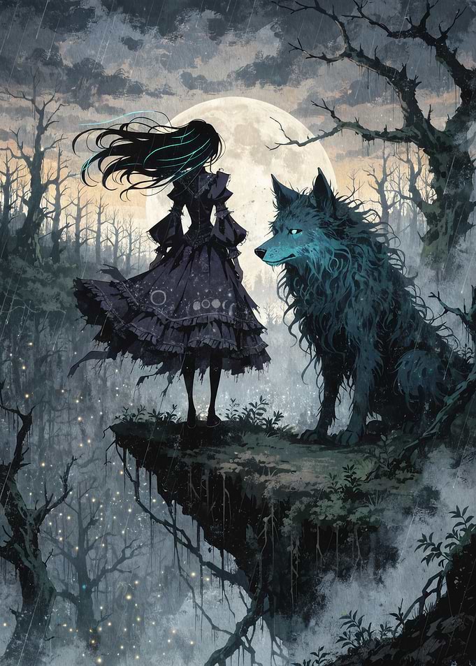 Gothic Girl and Wolf Under the Moon