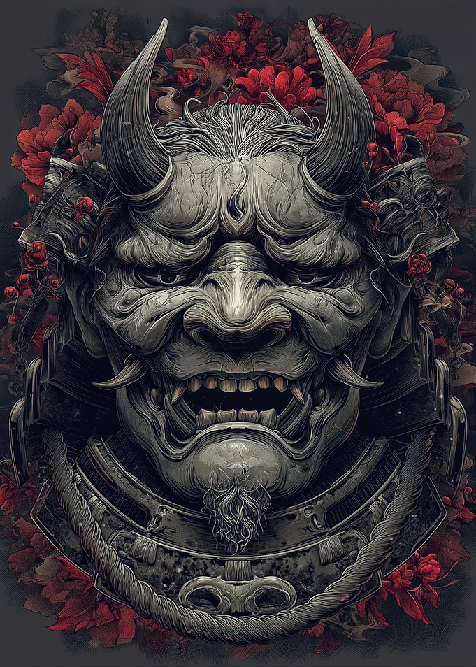 Oni Mask with Red Flowers