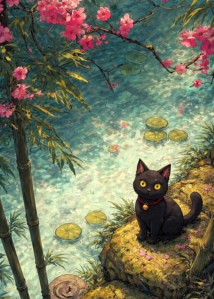 Black Cat by Cherry Blossoms and Pond