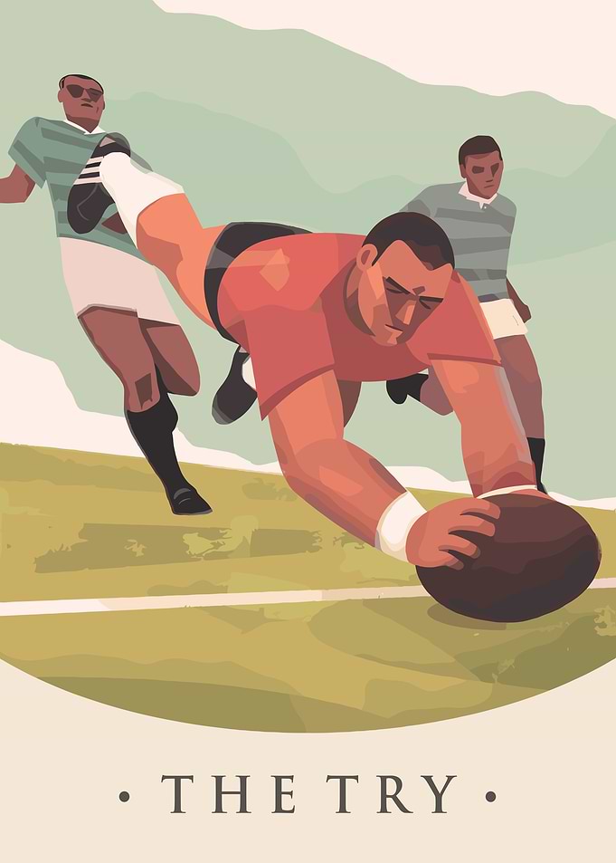 Rugby player scoring a try