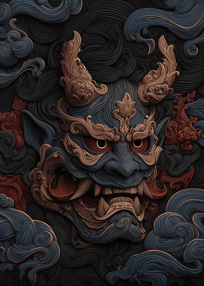 Intricate Oni Mask with Swirling Background