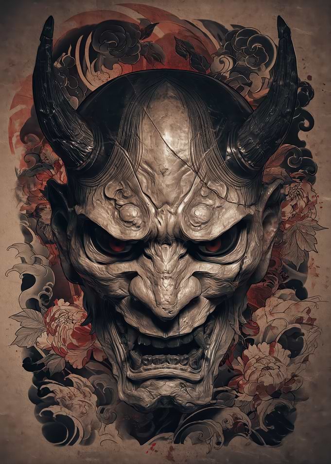 Japanese Oni Mask with Flowers