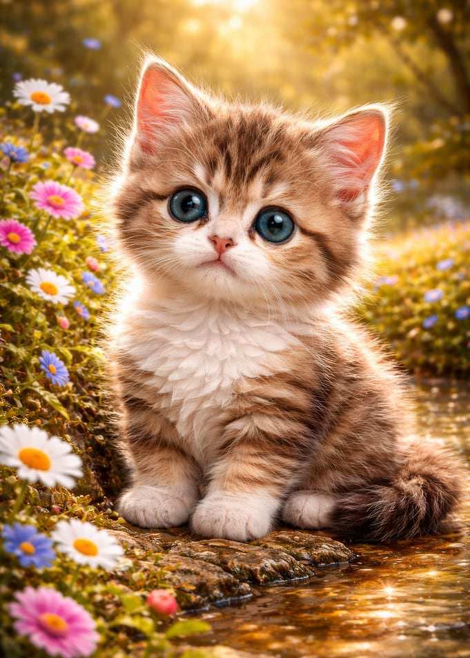 Cute Kitten in a Floral Meadow