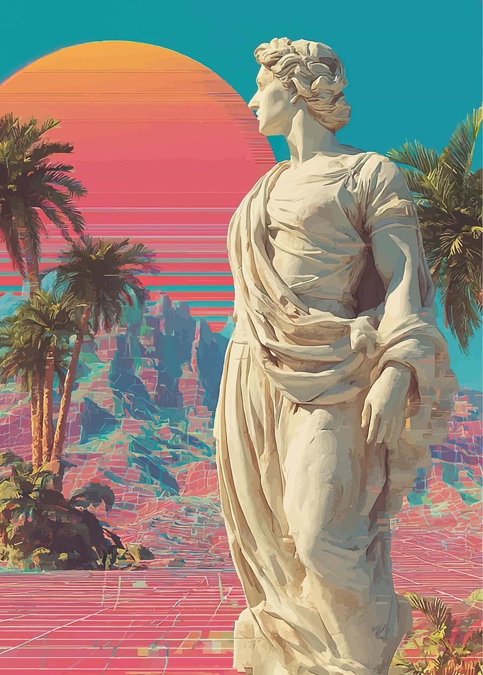 Retro Statue with Palm Trees and Sunset