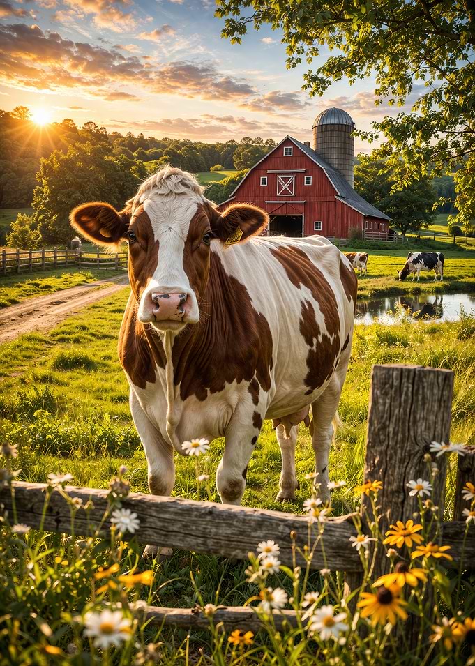 Cow in a Farm Field at Sunset
