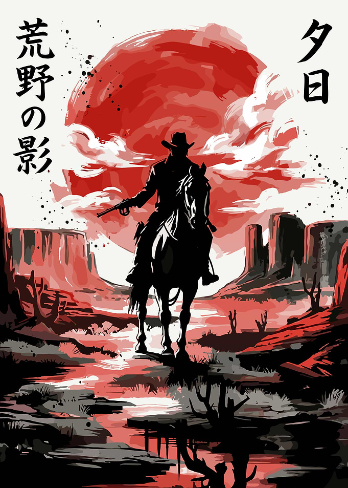 Cowboy Silhouette Against a Red Sun